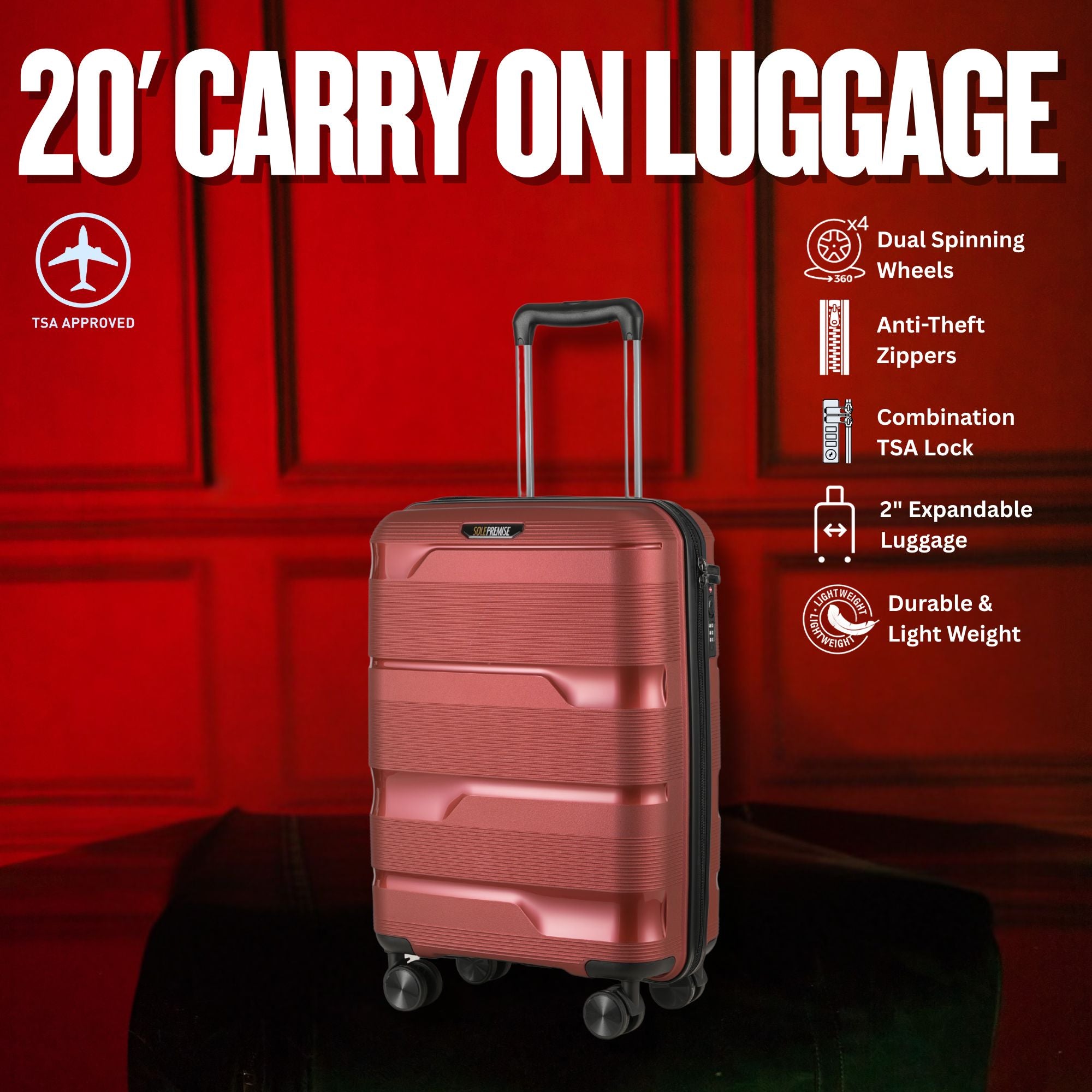 20-inch Red Carry-On Hardcase Roller Luggage with 360° Wheels