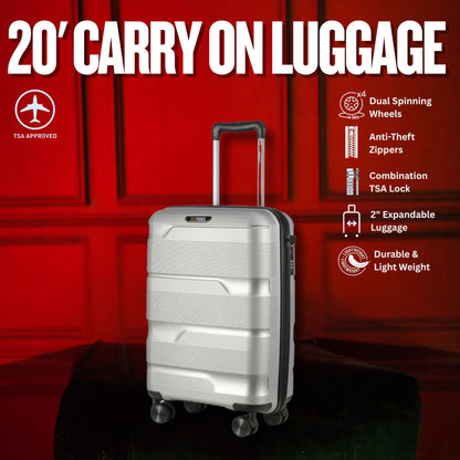 20-inch Silver Carry-On Hardcase Roller Luggage with 360° Wheels