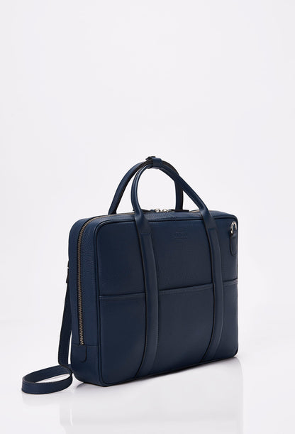 Blue Leather Business Briefcase With Laptop Compartment