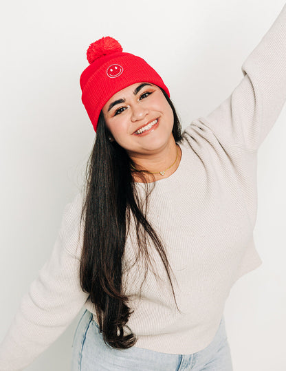 Smiley Pom Pom Beanie Hat