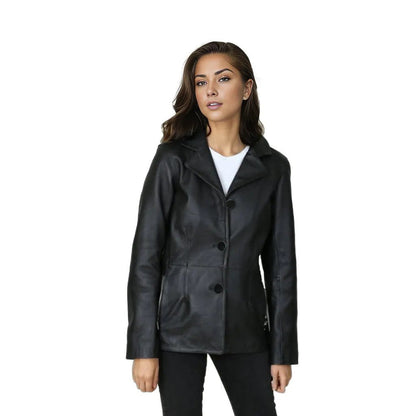 Lily Women's Genuine Leather Three Button Blazer Black