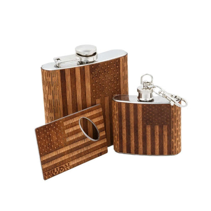 3-Piece Wooden Flask Set (6 oz. Hip Flask, 2 oz. Keychain Flask, Credit Card Bottle Opener)