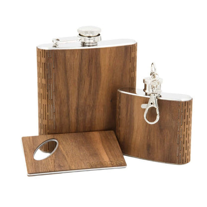 3-Piece Wooden Flask Set (6 oz. Hip Flask, 2 oz. Keychain Flask, Credit Card Bottle Opener)