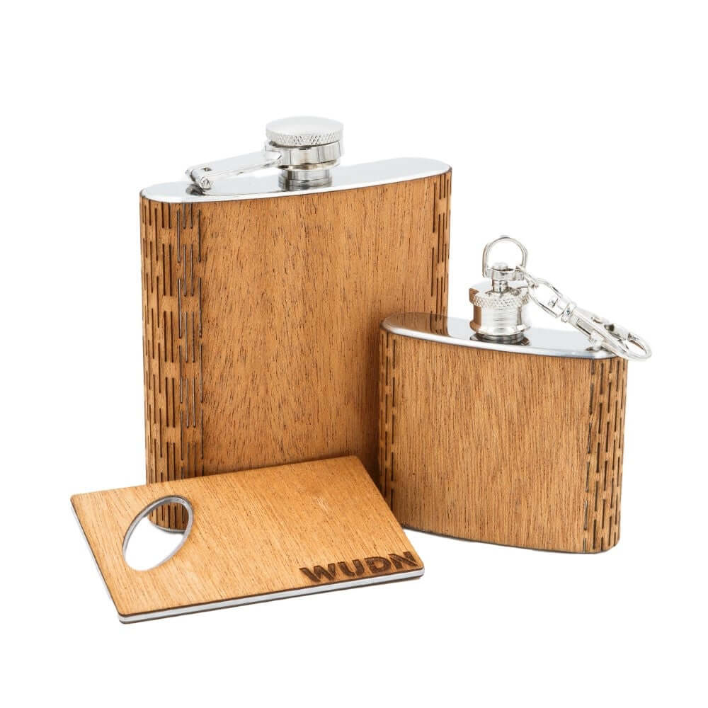 3-Piece Wooden Flask Set (6 oz. Hip Flask, 2 oz. Keychain Flask, Credit Card Bottle Opener)