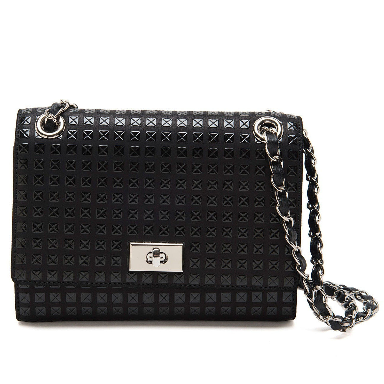 Black textured handbag with chain strap on a white background