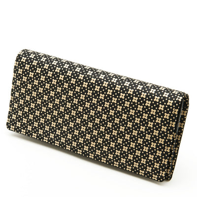 Black clutch bag with gold pattern on a white background