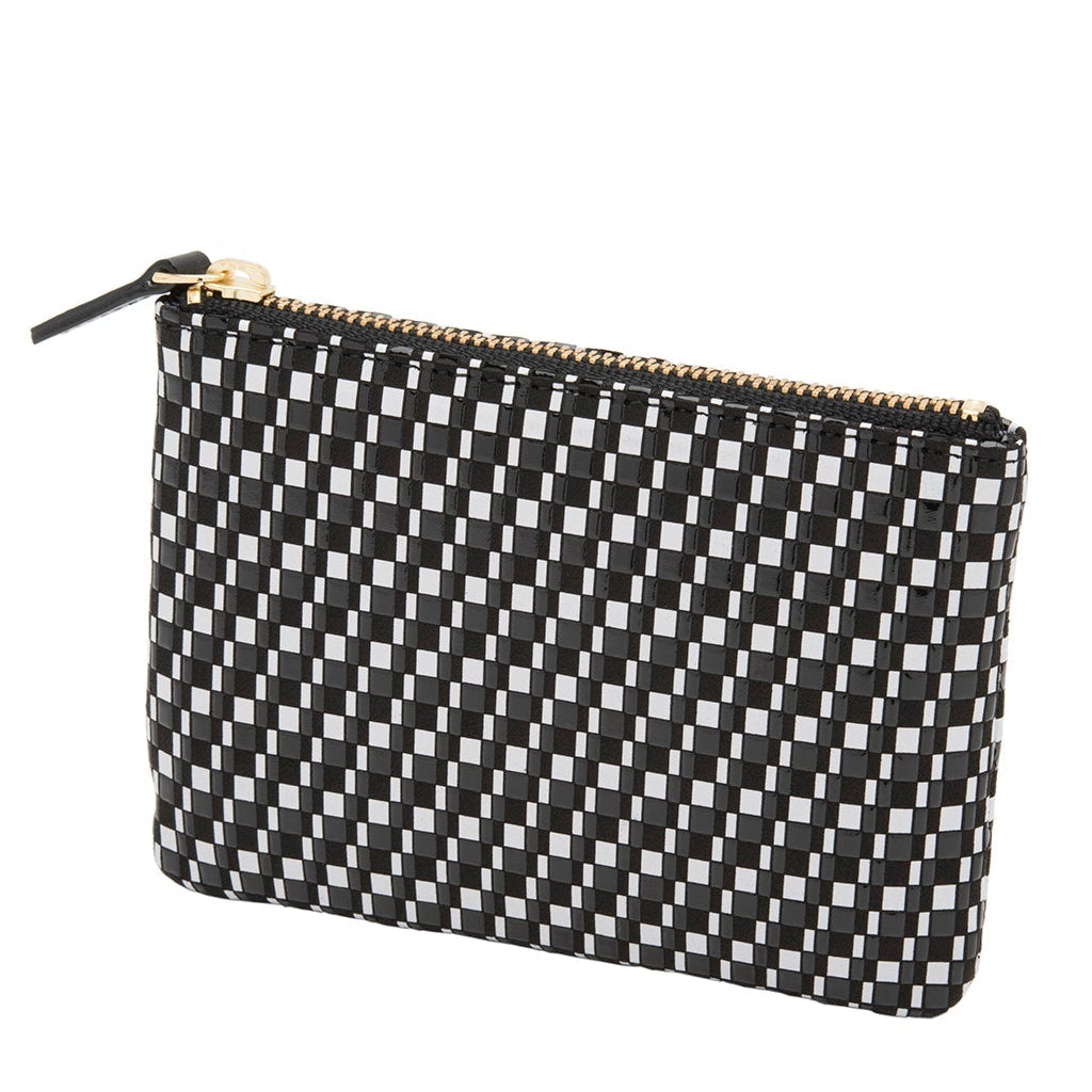 Black and white checkered pouch with a zipper on a white background