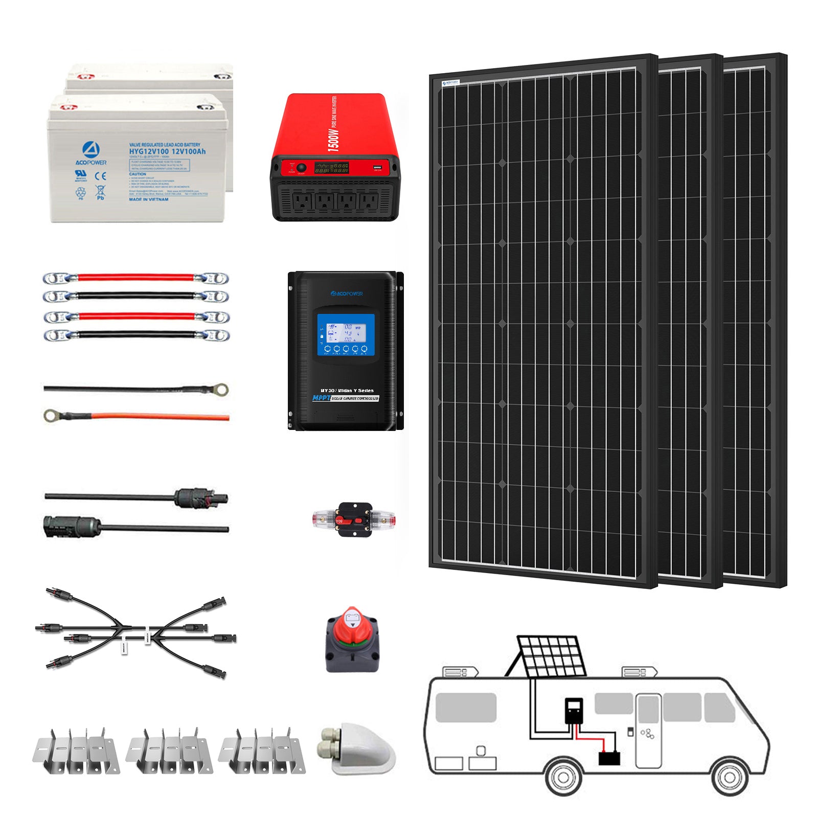 ACOPOWER Deep Cycle GEL Battery Mono Solar Power Complete System with Battery and Inverter for RV Boat 12V Off Grid Kit