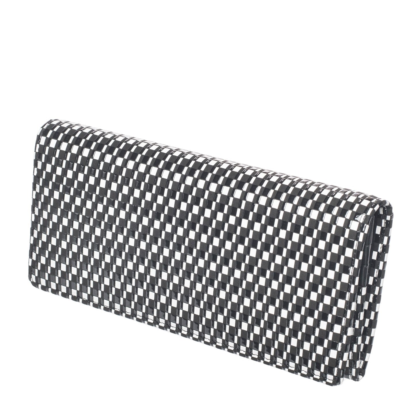 Black and white patterned rectangular object on a white background