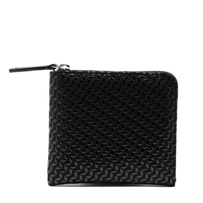 Black woven patterned pouch on a white background