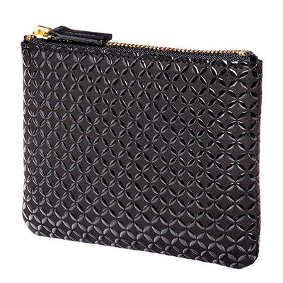Black textured wallet with a gold zipper on a white background