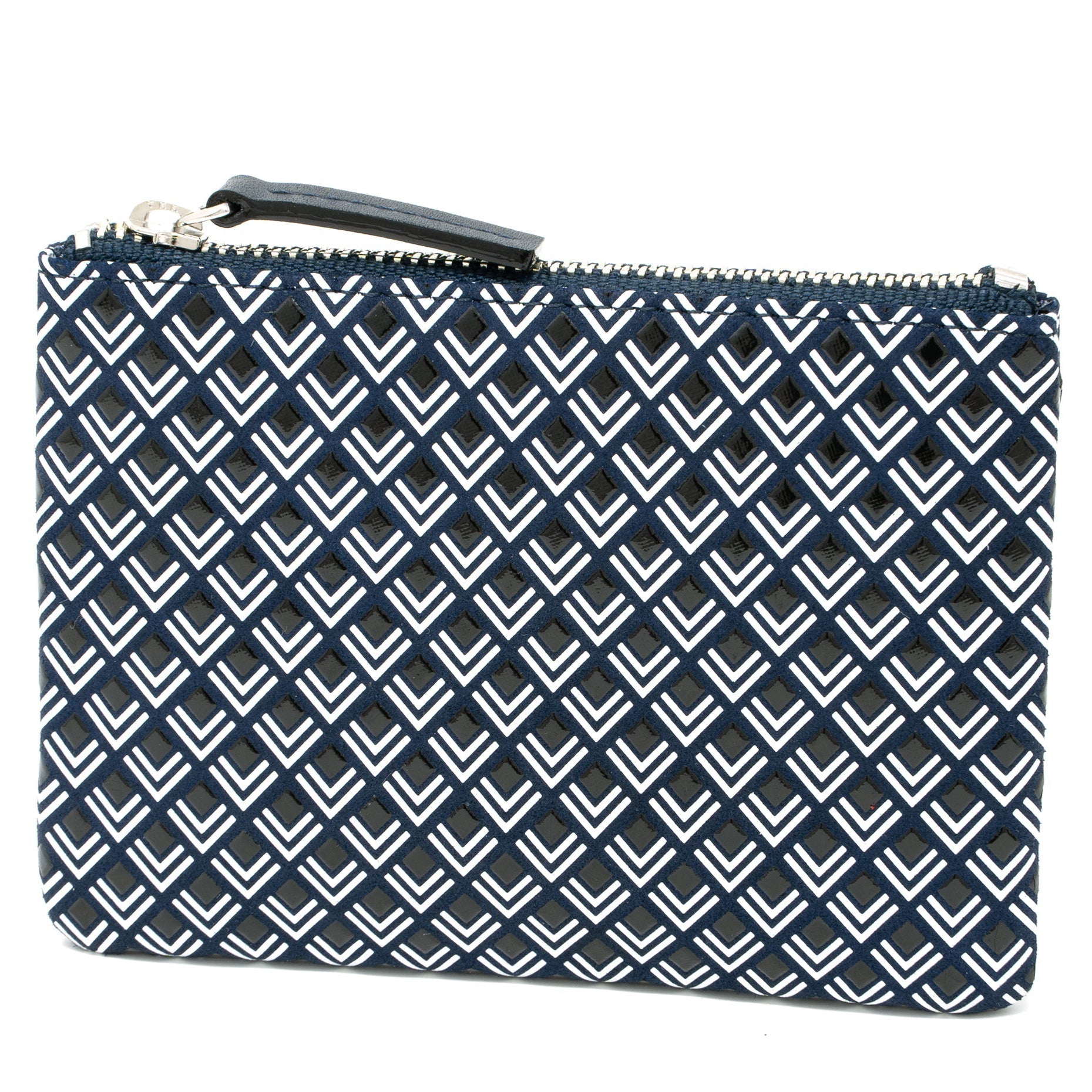 Navy blue pouch with white geometric pattern on a white background