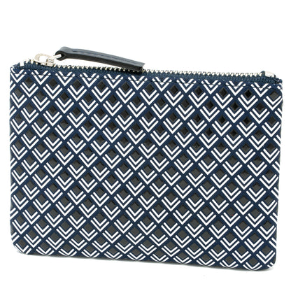 Navy blue pouch with white geometric pattern on a white background
