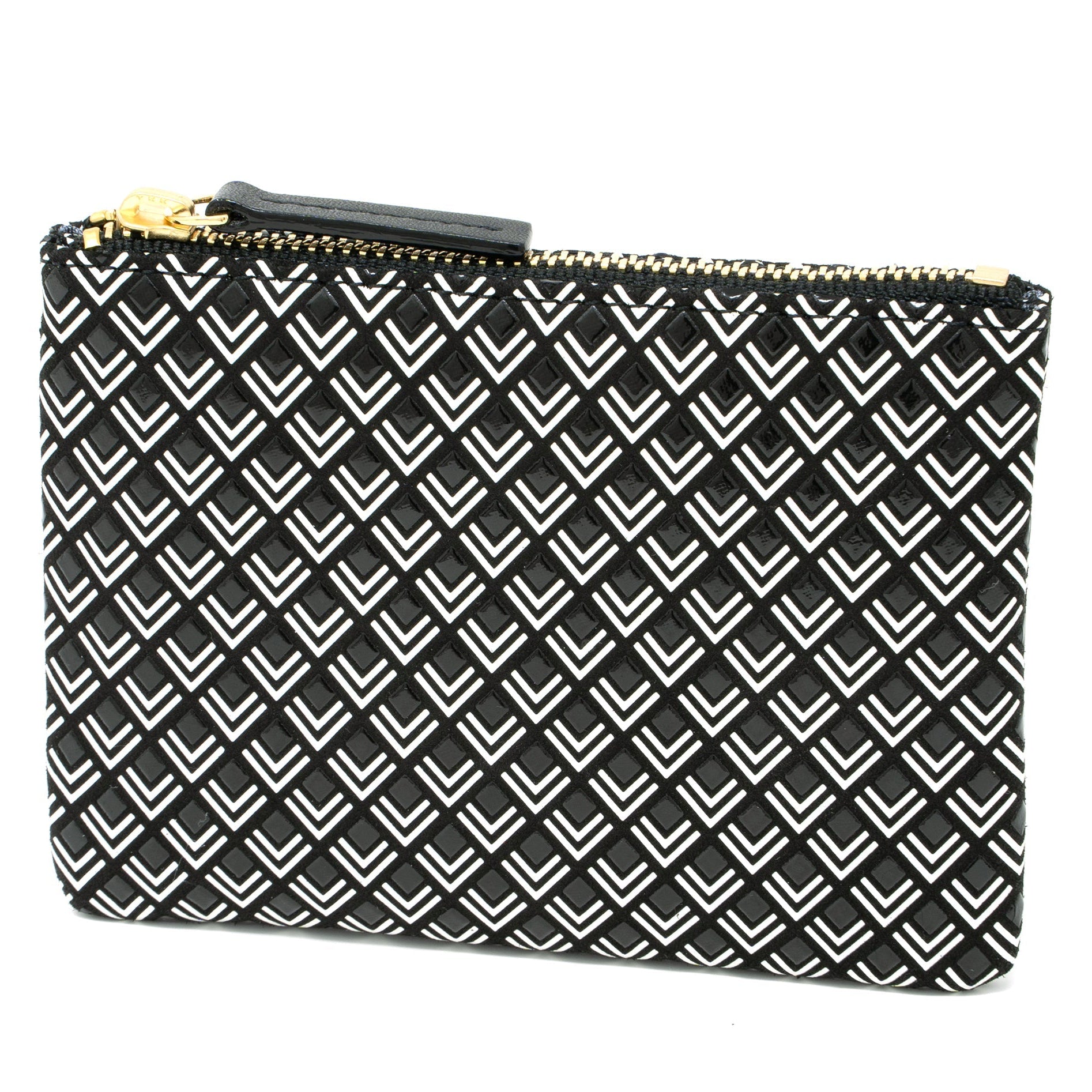 Black and white patterned pouch with a gold zipper on a white background
