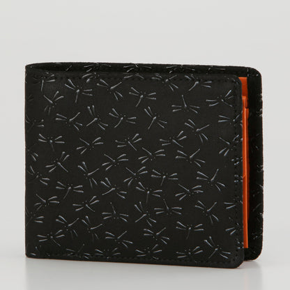 Black wallet with orange interior lining on a light gray background
