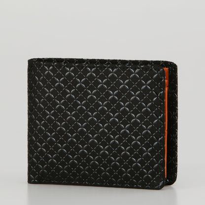 Black textured wallet with orange accent on a light gray background
