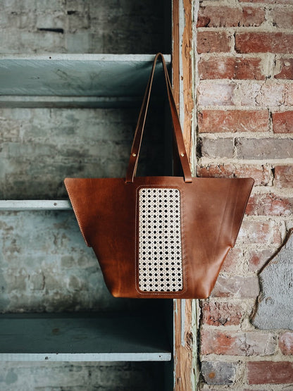 Riviera Tote Bag – Handcrafted Leather & Cane Weave Tote