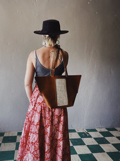 Riviera Tote Bag – Handcrafted Leather & Cane Weave Tote