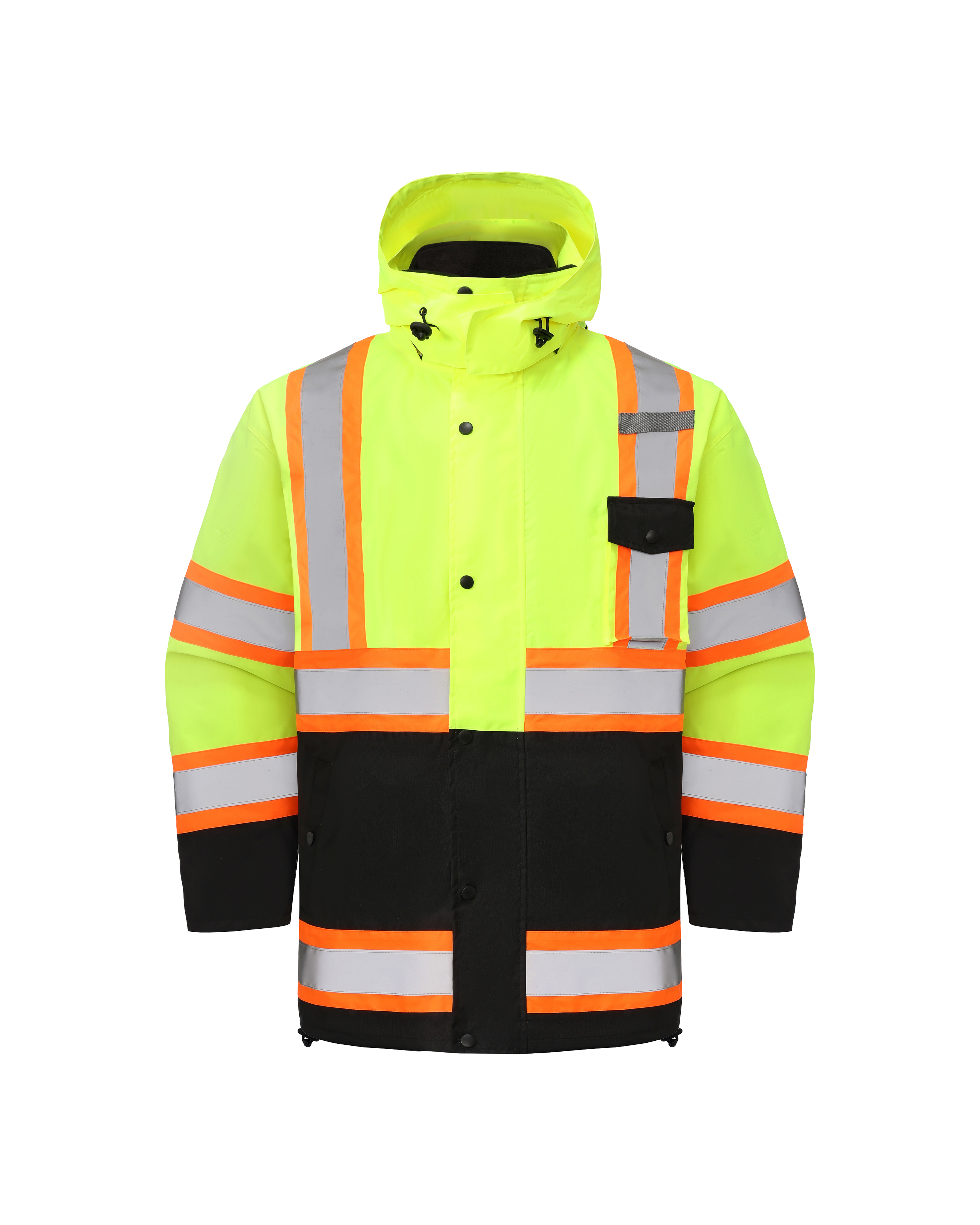 High Visibility 3-in-1 Hooded & Fleece Lined ANSI/ISEA 107-2020, Type R, Class 3 Two Tone, Contrast Trimmed Water Resistant Neon Safety Jacket [R71500]