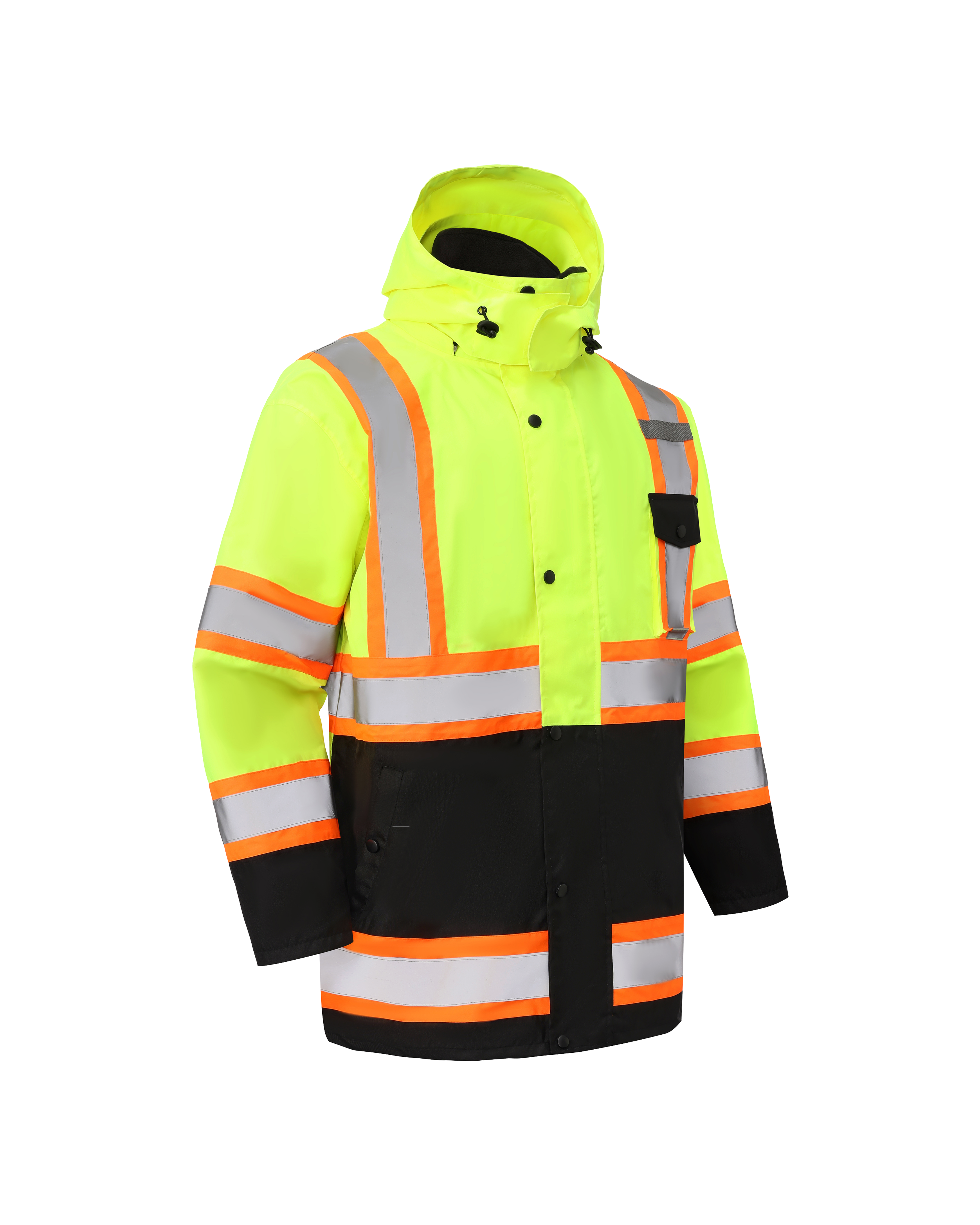 High Visibility 3-in-1 Hooded & Fleece Lined ANSI/ISEA 107-2020, Type R, Class 3 Two Tone, Contrast Trimmed Water Resistant Neon Safety Jacket [R71500]