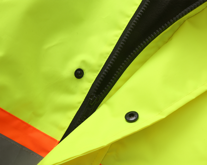 High Visibility 3-in-1 Hooded & Fleece Lined ANSI/ISEA 107-2020, Type R, Class 3 Two Tone, Contrast Trimmed Water Resistant Neon Safety Jacket [R71500]