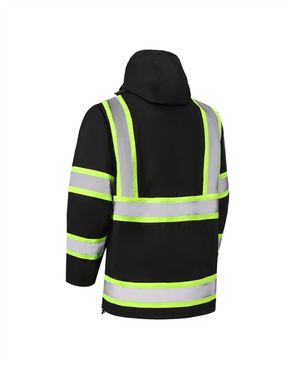 High Visibility 3-in-1 Hooded & Fleece Lined ANSI/ISEA 107-2020 Reflector Contrast Trimmed Water Resistant Black Safety Jacket [R71600]
