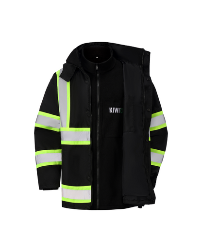 High Visibility 3-in-1 Hooded & Fleece Lined ANSI/ISEA 107-2020 Reflector Contrast Trimmed Water Resistant Black Safety Jacket [R71600]