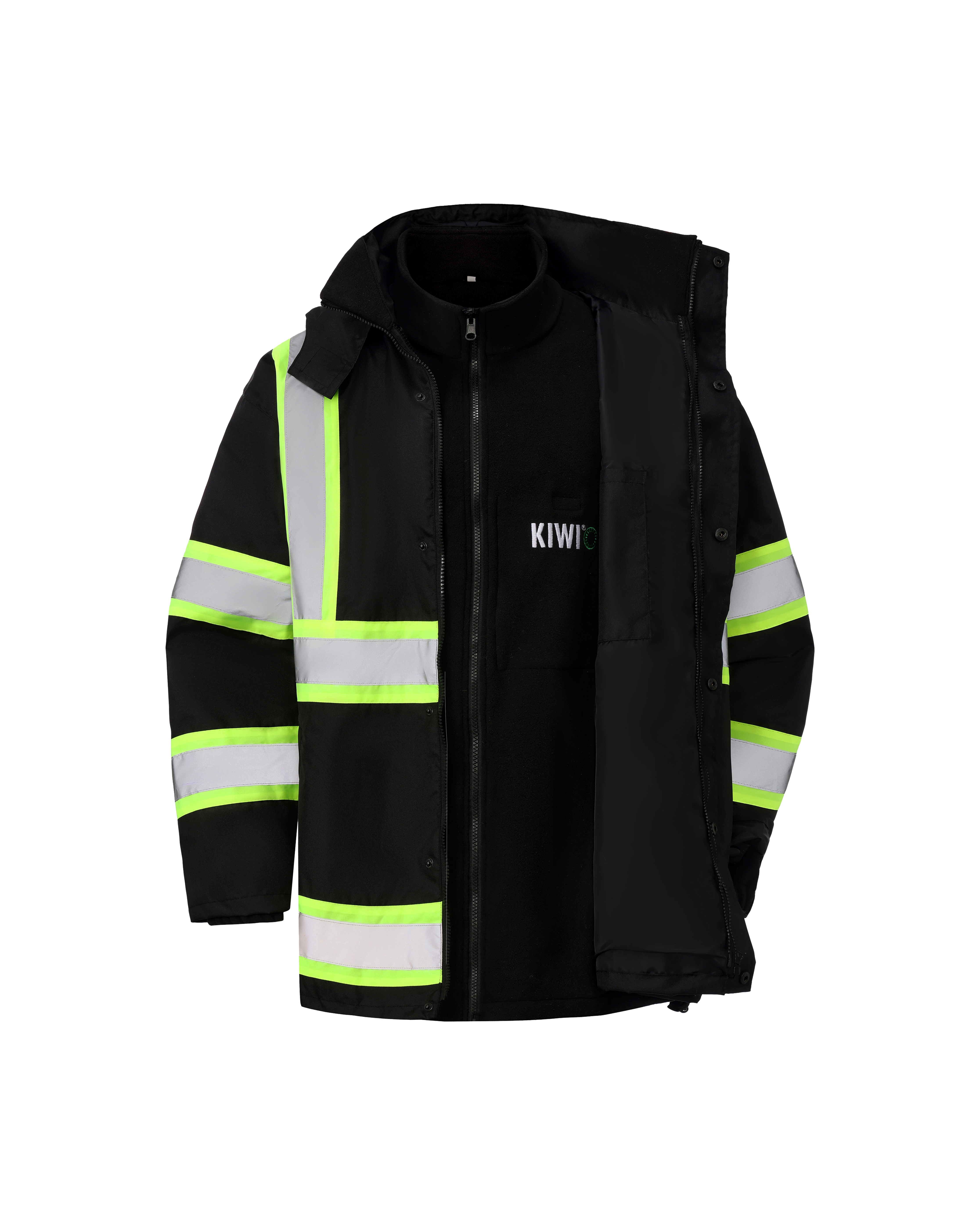 High Visibility 3-in-1 Hooded & Fleece Lined ANSI/ISEA 107-2020 Reflector Contrast Trimmed Water Resistant Black Safety Jacket [R71600]