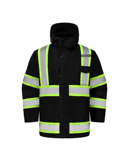 High Visibility 3-in-1 Hooded & Fleece Lined ANSI/ISEA 107-2020 Reflector Contrast Trimmed Water Resistant Black Safety Jacket [R71600]