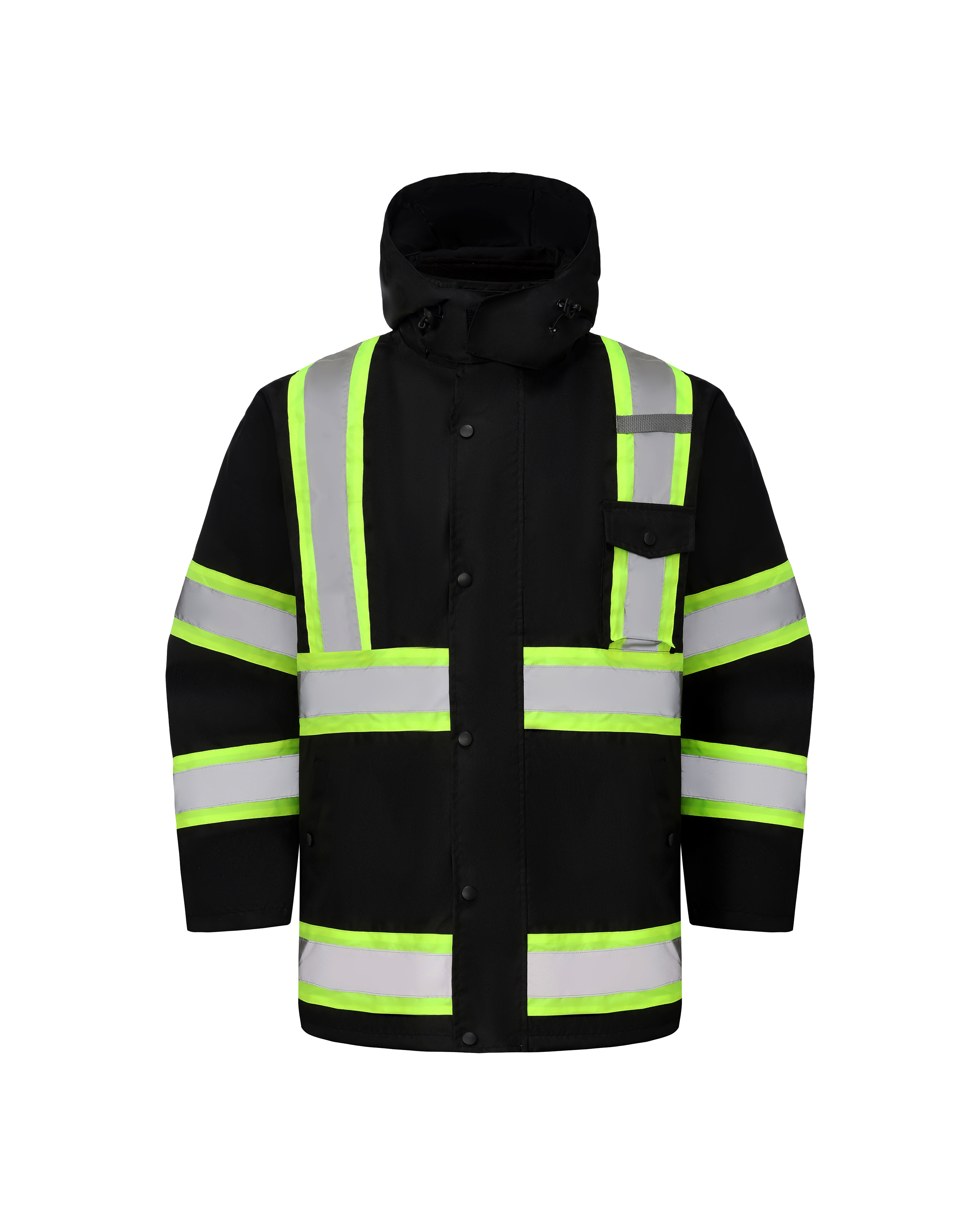 High Visibility 3-in-1 Hooded & Fleece Lined ANSI/ISEA 107-2020 Reflector Contrast Trimmed Water Resistant Black Safety Jacket [R71600]