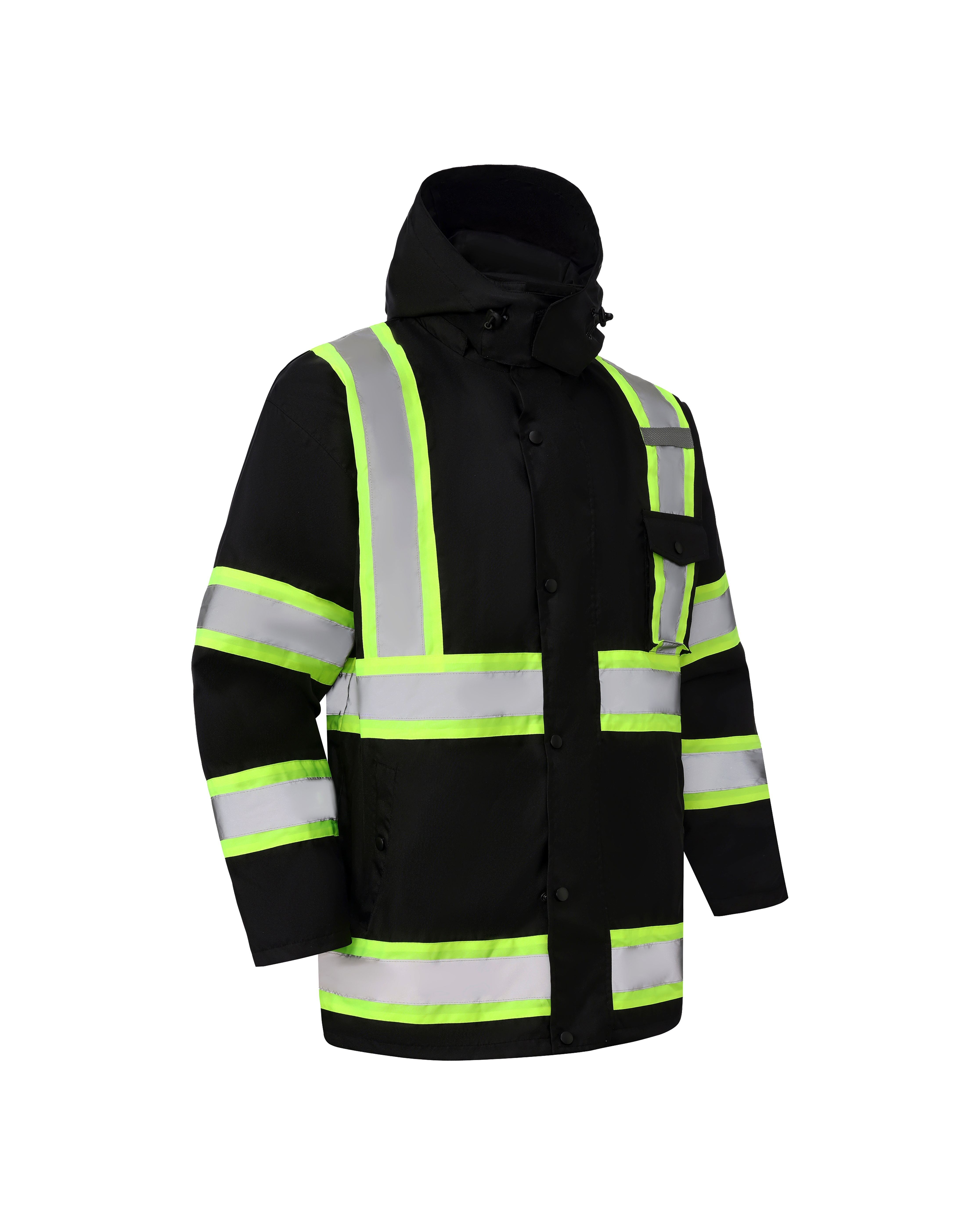 High Visibility 3-in-1 Hooded & Fleece Lined ANSI/ISEA 107-2020 Reflector Contrast Trimmed Water Resistant Black Safety Jacket [R71600]