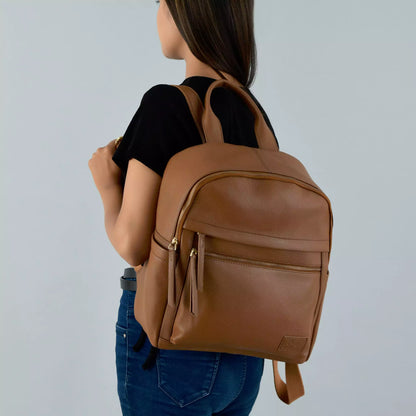 Tan Leather Multi Pocket Women's Backpack