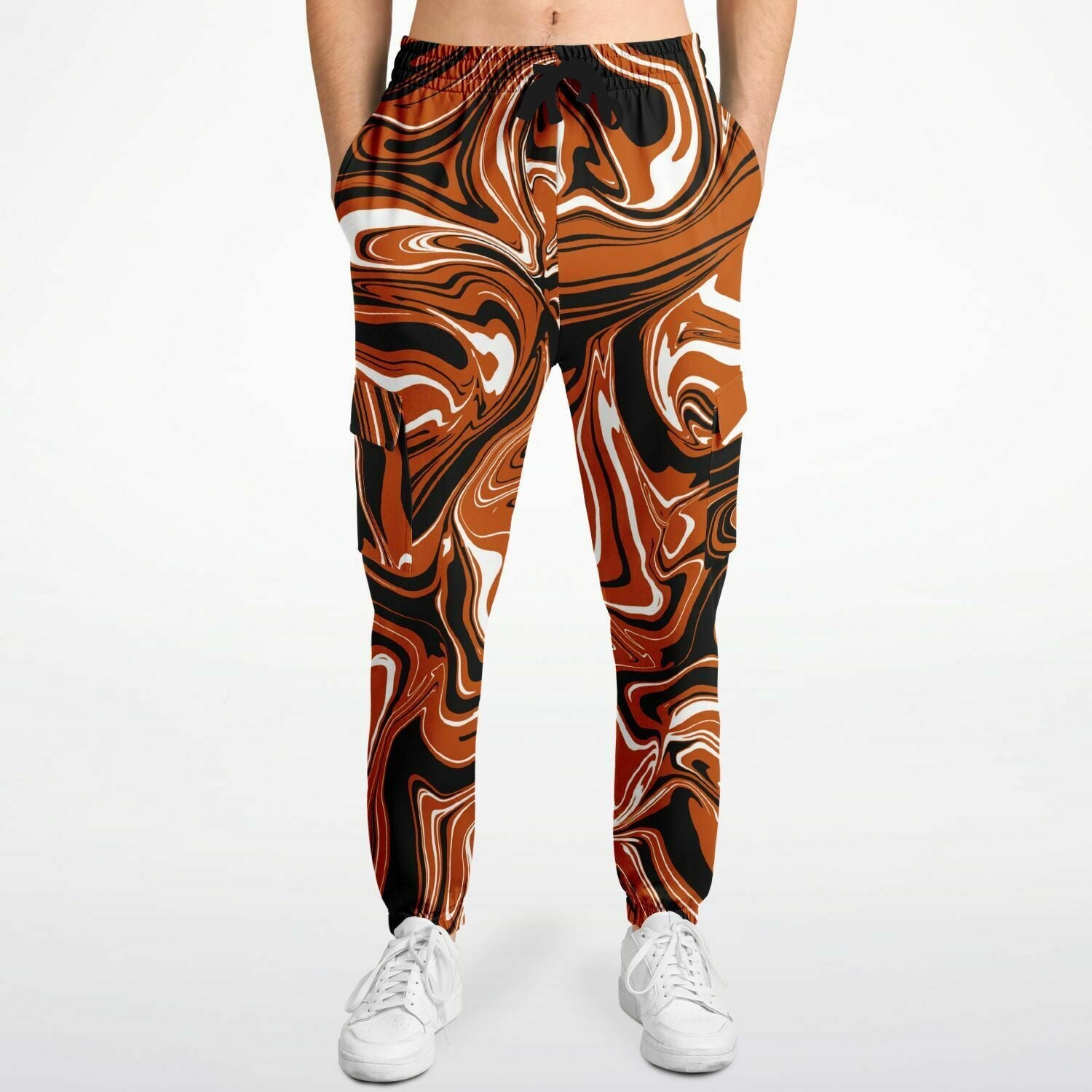 Burnt Orange, Black and White Abstract Melt Unisex Cargo Joggers (Fleece Lined)