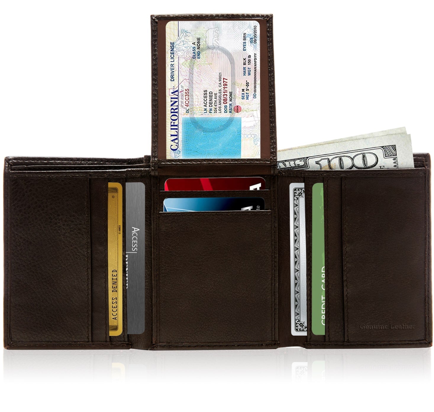 Leather Trifold RFID Wallet with Flip-Up ID