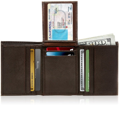 Leather Trifold RFID Wallet with Flip-Up ID