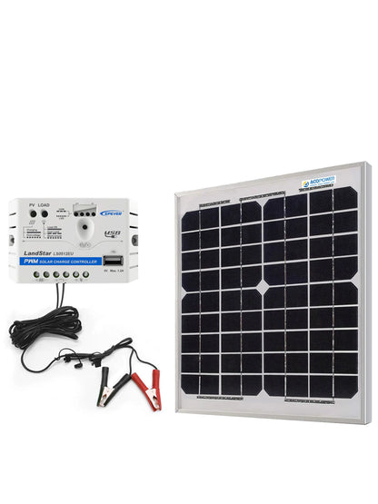 ACOPower 10W 12V Solar Charger Kit, 5A Charge Controller with Alligator Clips