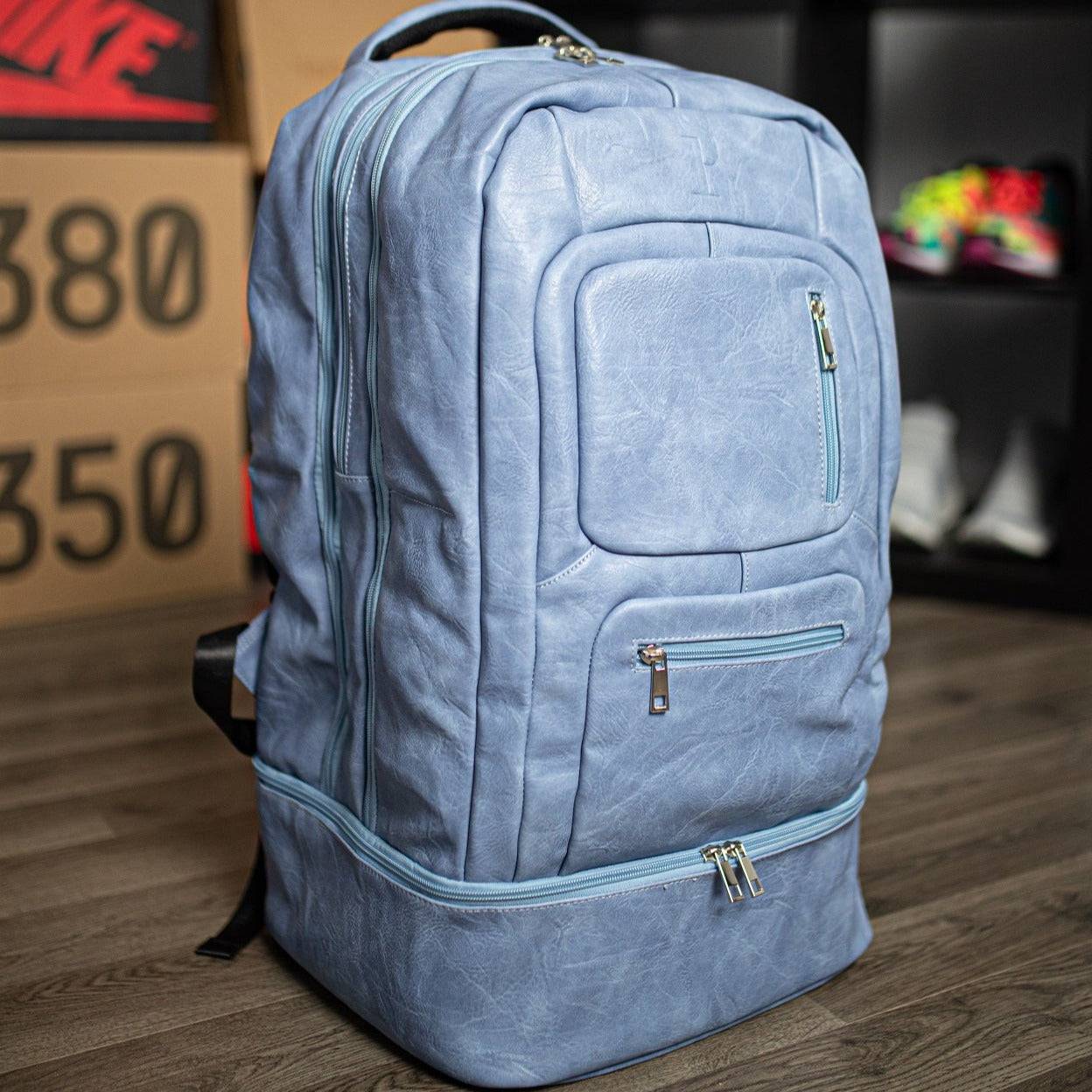 Baby Blue Leather Carry-On Backpack