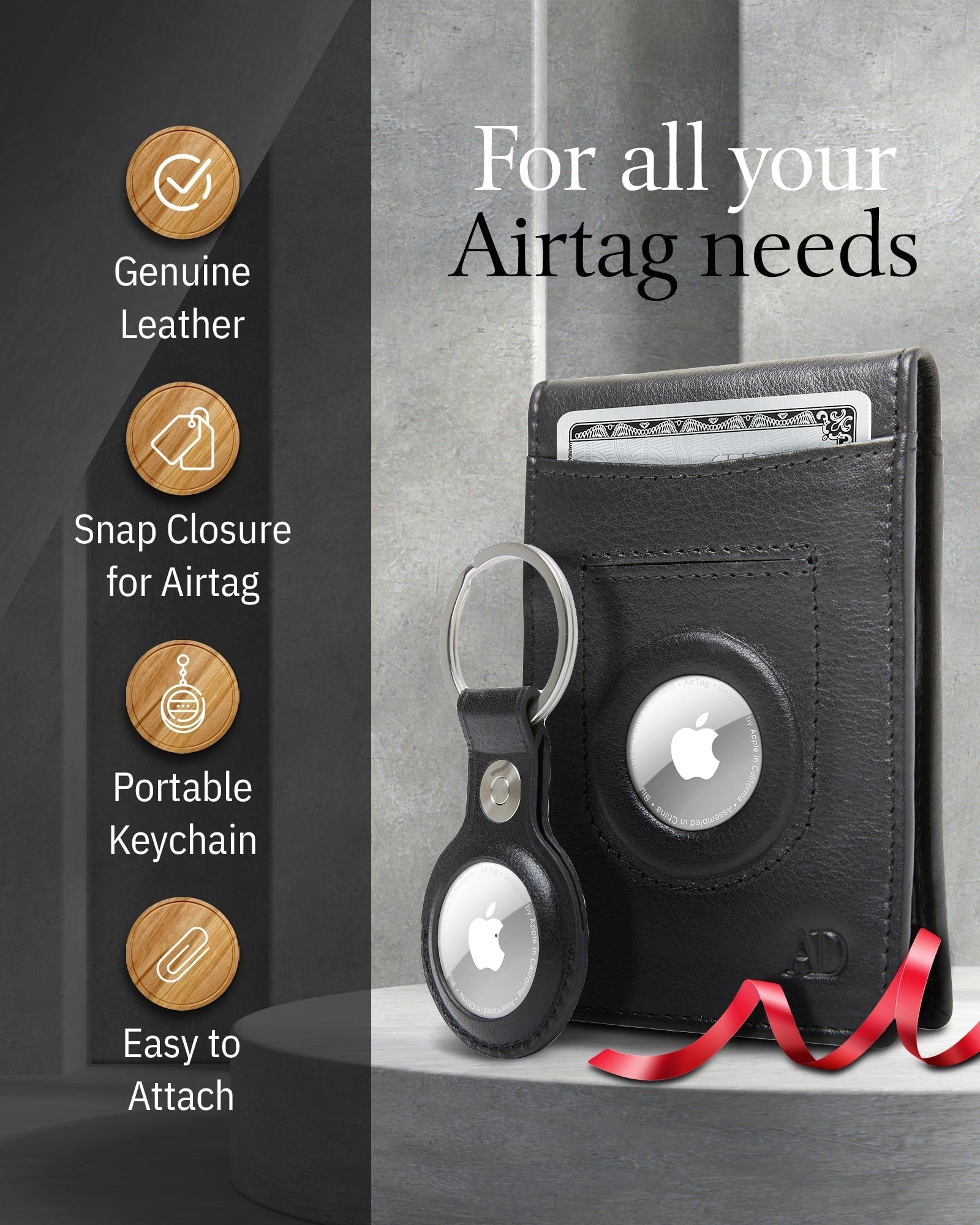 Leather Money Clip Wallet and Airtag Keychain