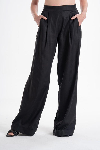 Lightweight And Breathable Deep Black Set With Maxi Button Down And Palazzo Pants