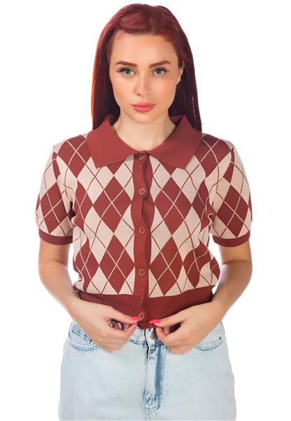 Argyle Checks Half Sleeve Cropped Cardigan