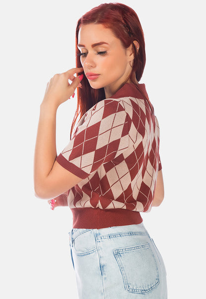 Argyle Checks Half Sleeve Cropped Cardigan