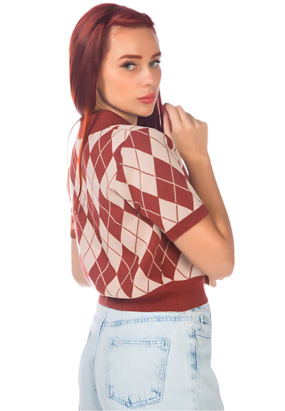 Argyle Checks Half Sleeve Cropped Cardigan