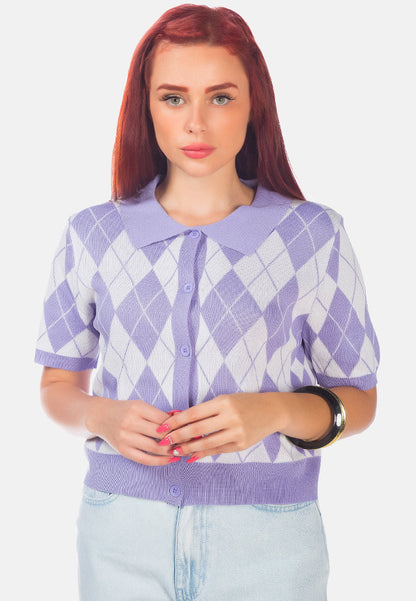 Argyle Checks Half Sleeve Cropped Cardigan