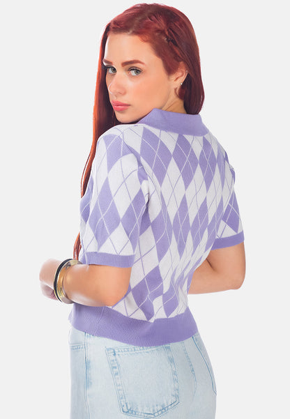 Argyle Checks Half Sleeve Cropped Cardigan