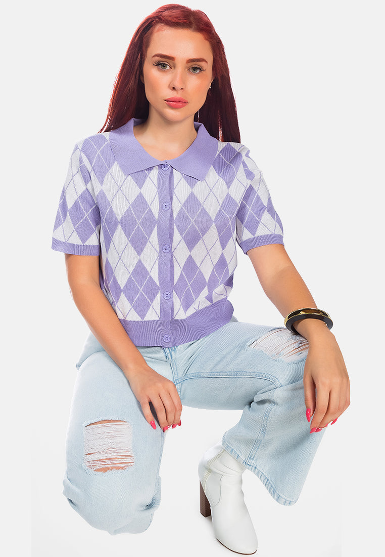 Argyle Checks Half Sleeve Cropped Cardigan