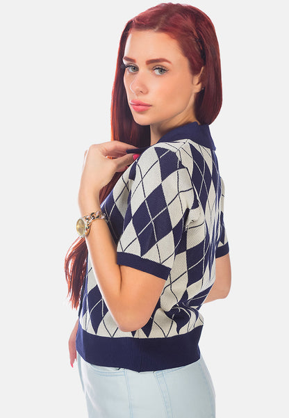 Argyle Checks Half Sleeve Cropped Cardigan