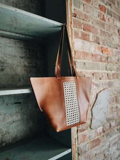 Riviera Tote Bag – Handcrafted Leather & Cane Weave Tote
