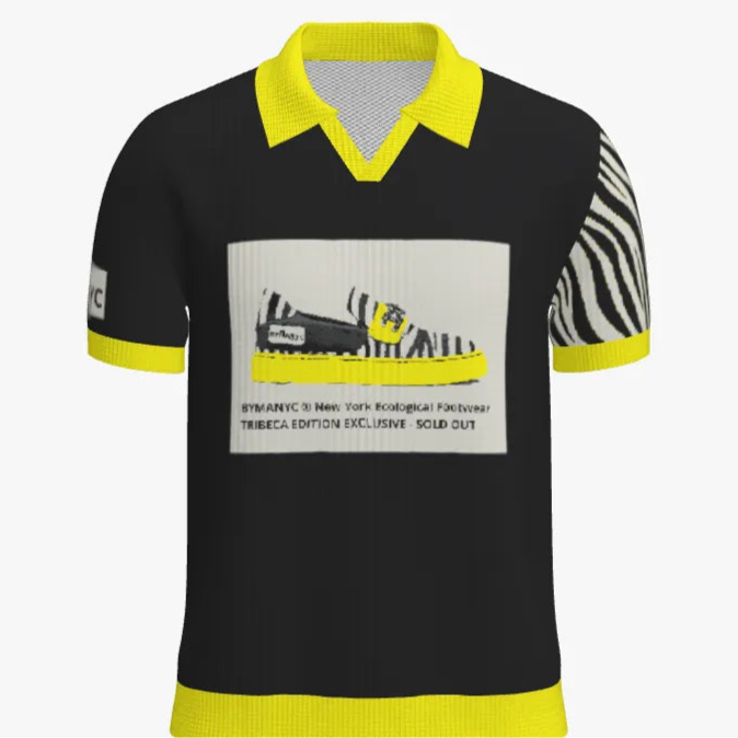 Black and yellow polo shirt with a graphic design on a white background