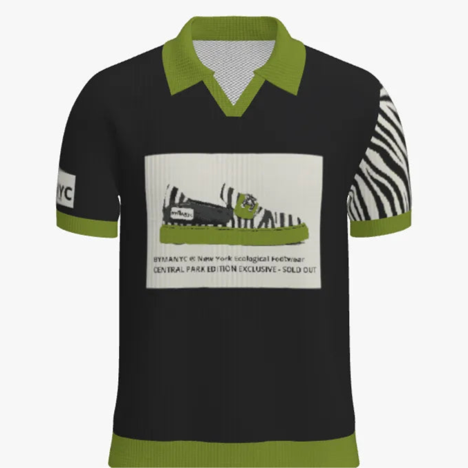 Black and green polo shirt with a graphic design on a white background