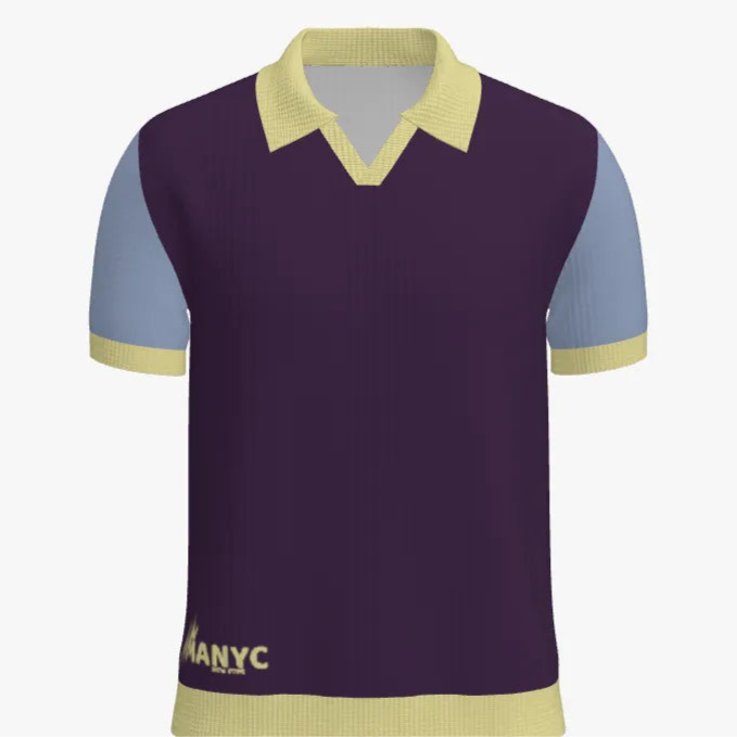 Purple polo shirt with light blue sleeves and yellow accents on a white background